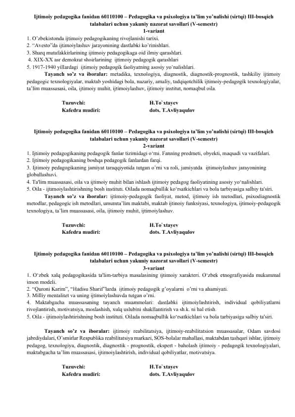 Ijtimoiy pedagogika fanidan 60110100 – Pedagogika va psixologiya ta’lim yo’nalishi (sirtqi) III-bosqich talabalari uchun yakuniy nazorat savollari (V-semestr)