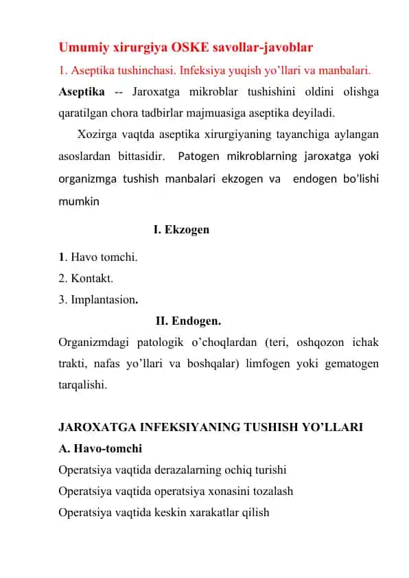 Umumiy xirurgiya OSKE savollar-javoblar