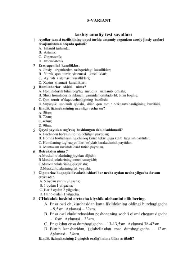 Kasbiy amaliy test savollari
