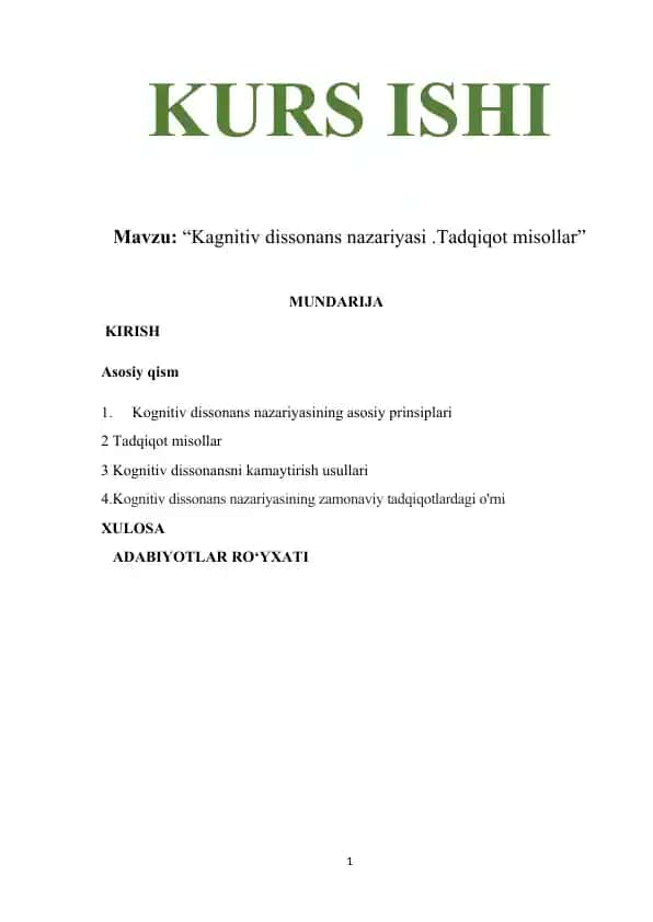 Kagnitiv dissonans nazariyasi .Tadqiqot misollar
