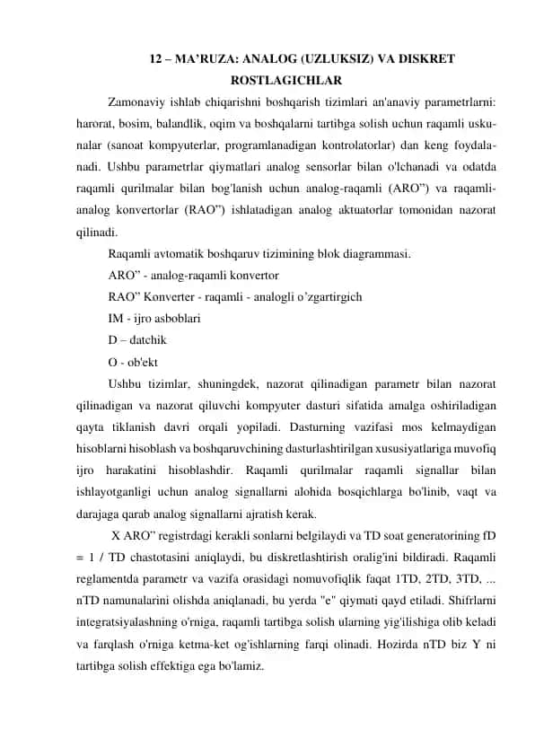 Ma’ruza: Analog (Uzluksiz) va Diskret Rostlagichlar