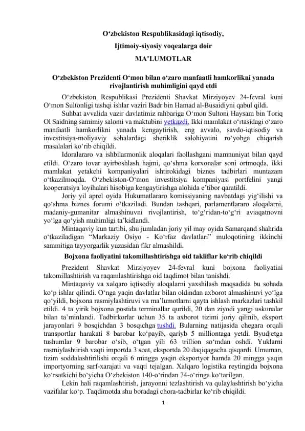 O‘zbekiston Respublikasidagi iqtisodiy, Ijtimoiy-siyosiy voqealarga doir MAʼLUMOTLAR