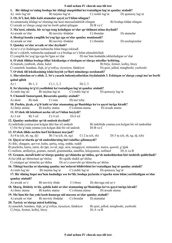 5-sinf uchun IV chorak ona tili test