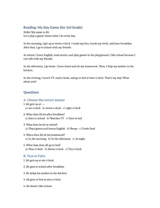 My Day Game (for 3rd Grade)
