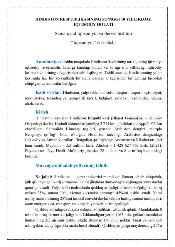 Hindiston respublikasining so’nggi 10 yillikdagi iqtisodiy holati