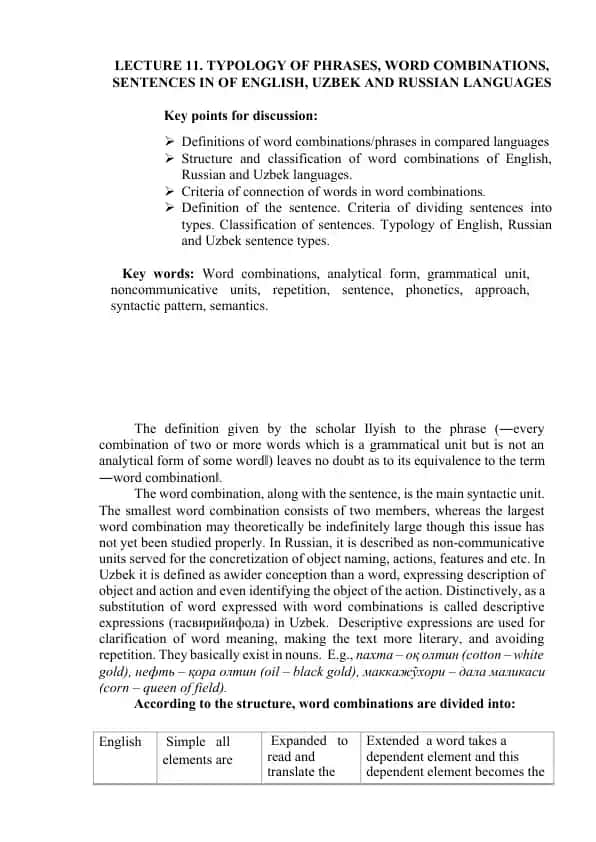 Lecture 11 Typology of Phrases, Word Combinations, Sentences in English, Uzbek, and Russian Languages