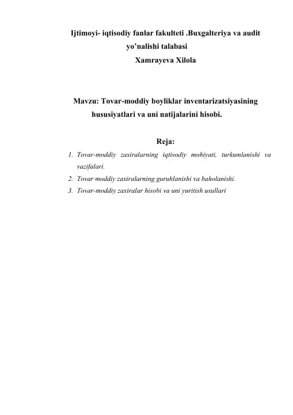 Tovar-moddiy boyliklar inventarizatsiyasi