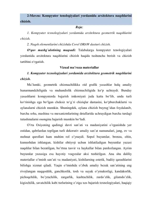 Kompyuter texnologiyalari yordamida arxitektura naqshlarini chizish
