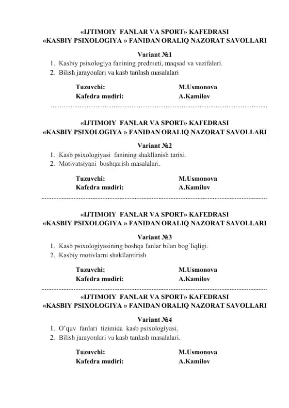 Kasbiy Psixologiya fanidan oralig' nazorat savollari