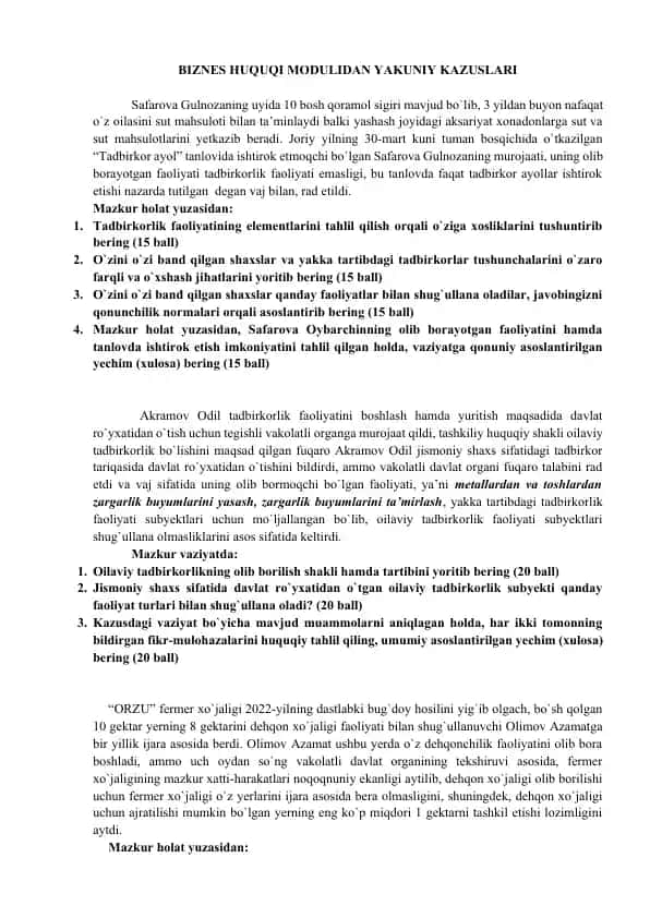 BIZNES HUQUQI MODULIDAN YAKUNIY KAZUSLARI