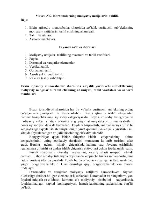 Mavzu №7. Korxonalarning moliyaviy natijalarini tahlili.