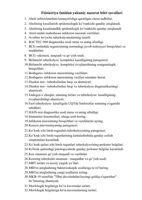 Ftiziatriya fanidan yakuniy nazorat bilet savollari