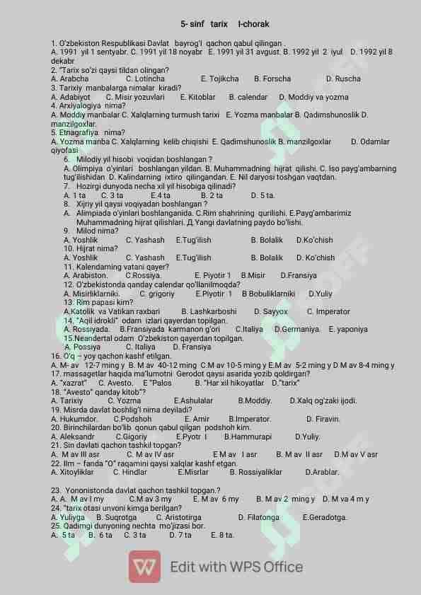 Tarix 5-sinfdan to 9-sinfgacha mukammal test javoblari bilan