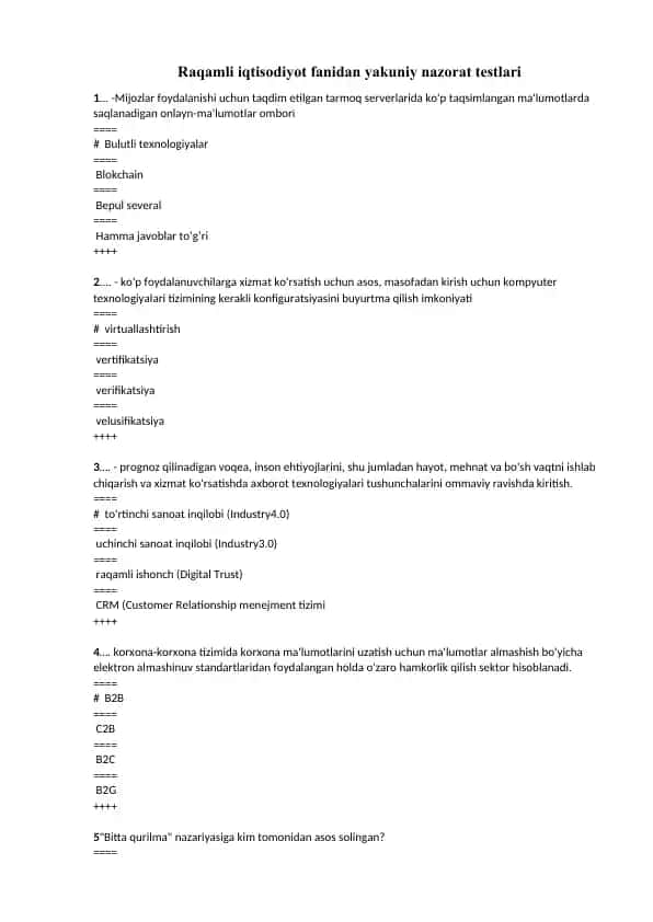 Raqamli iqtisodiyot fanidan yakuniy nazorat testlari