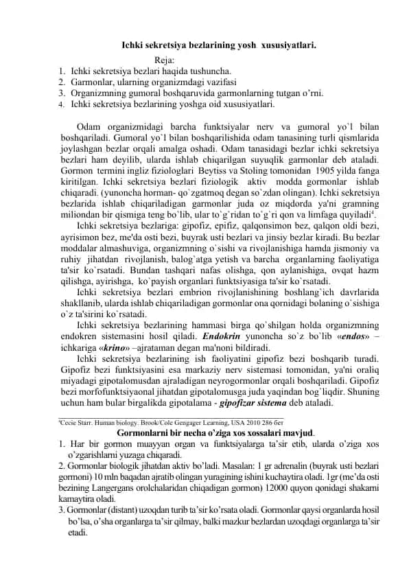 Ichki sekretsiya bezlarining yosh xususiyatlari