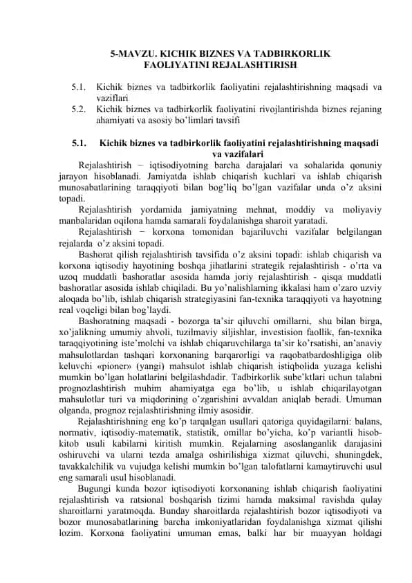 Kichik Biznes va Tadbirkorlik Faoliyatini Rejalashtirish