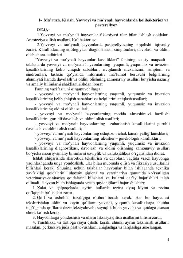 Yovvoyi va mo‘ynali hayvonlar kasalliklari ma’ruzasii
