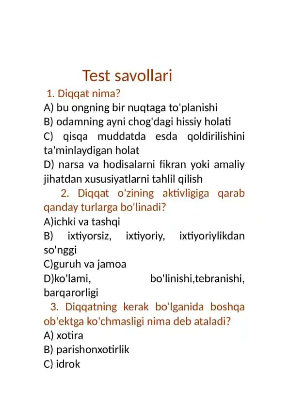 Test savollari: Diqqat va sezgi tushunchalari