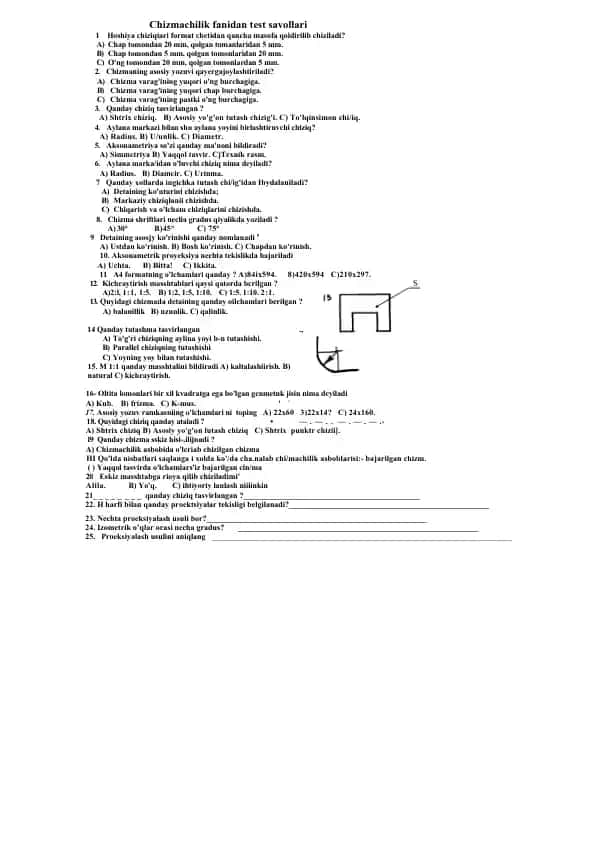 Chizmachilik fanidan test savollari