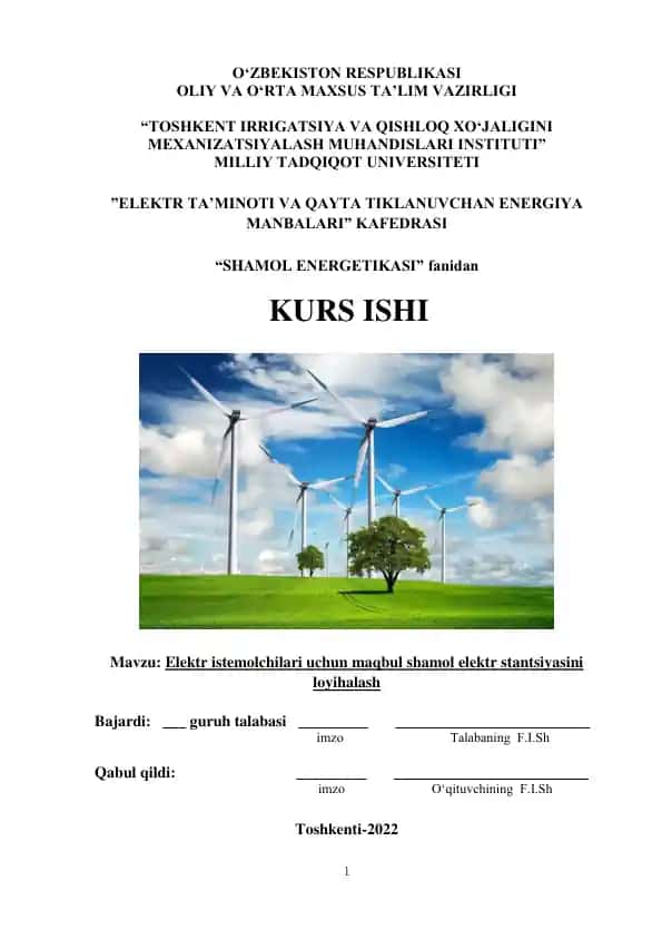 Elektr istemolchilari uchun maqbul shamol elektr stantsiyasini loyihalash