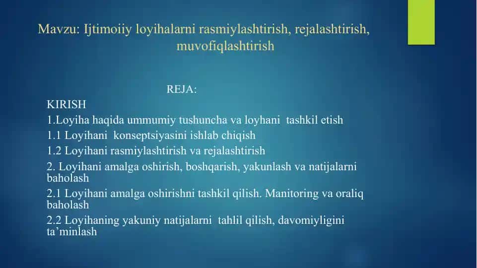 Ijtimoiiy loyihalarni rasmiylashtirish, rejalashtirish, muvofiqlashtirish