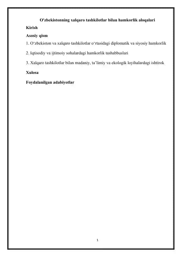 Xalqaro tashkilotlar bilan hamkorlik aloqalari