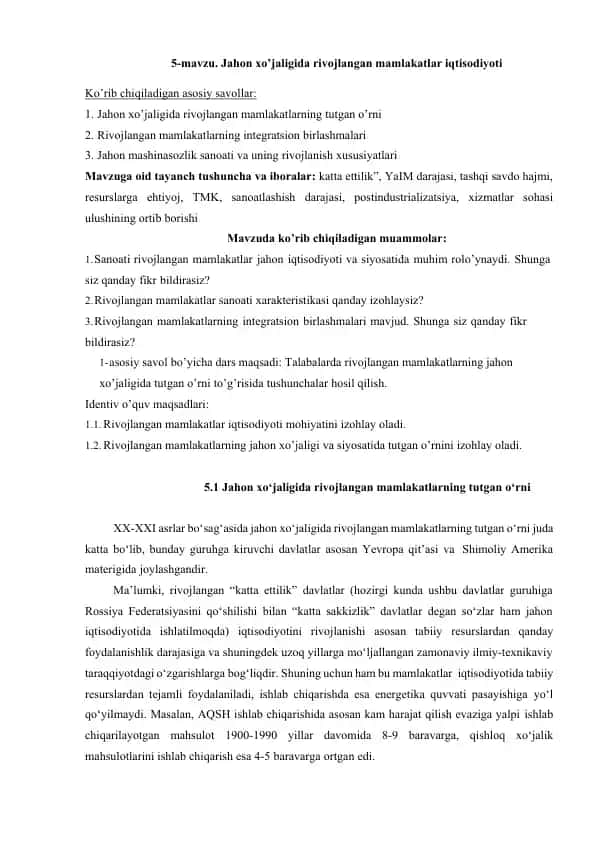 Jahon xo’jaligida rivojlangan mamlakatlar iqtisodiyoti