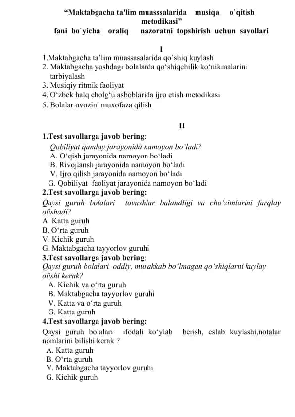 Maktabgacha ta'lim muasssalarida musiqa o`qitish metodikasi