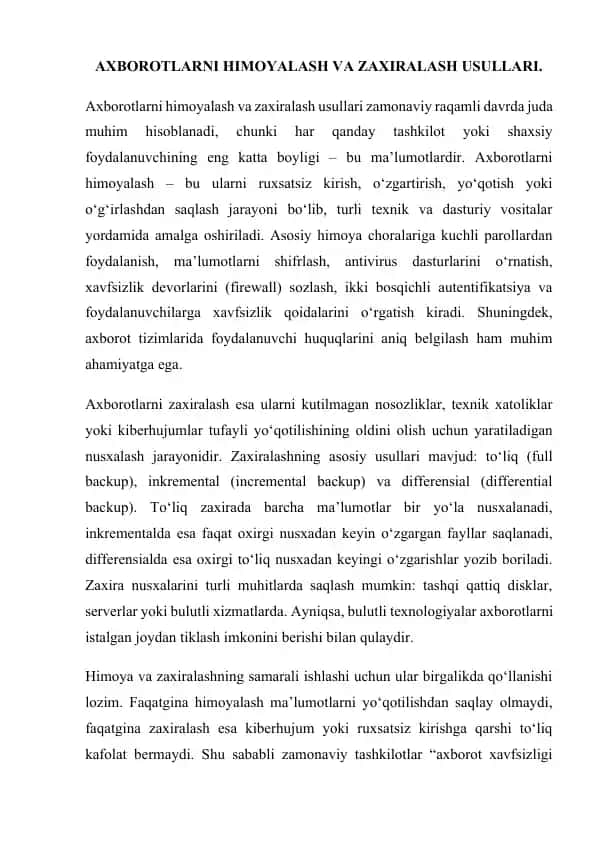 Axborotlarni himoyalash va zaxiralash usullari