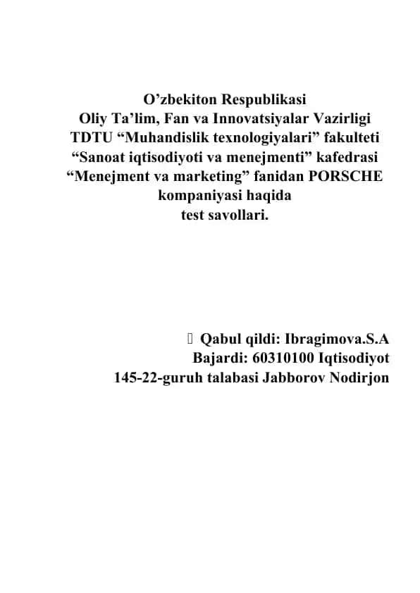 PORSCHE kompaniyasi haqida test savollari