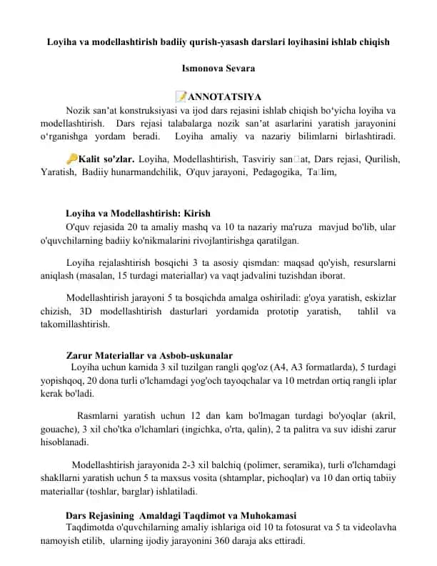 Loyiha va modellashtirish badiiy qurish-yasash darslari loyihasini ishlab chiqish