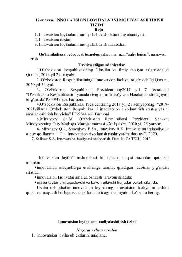 Innovatsion loyihalarni moliyalashtirish tizimi