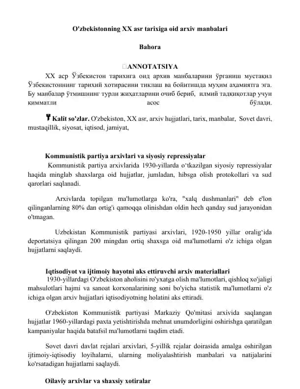 O'zbekistonning XX asr tarixiga oid arxiv manbalari