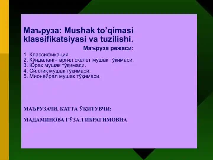 Mushak to’qimasi klassifikatsiyasi va tuzilishi
