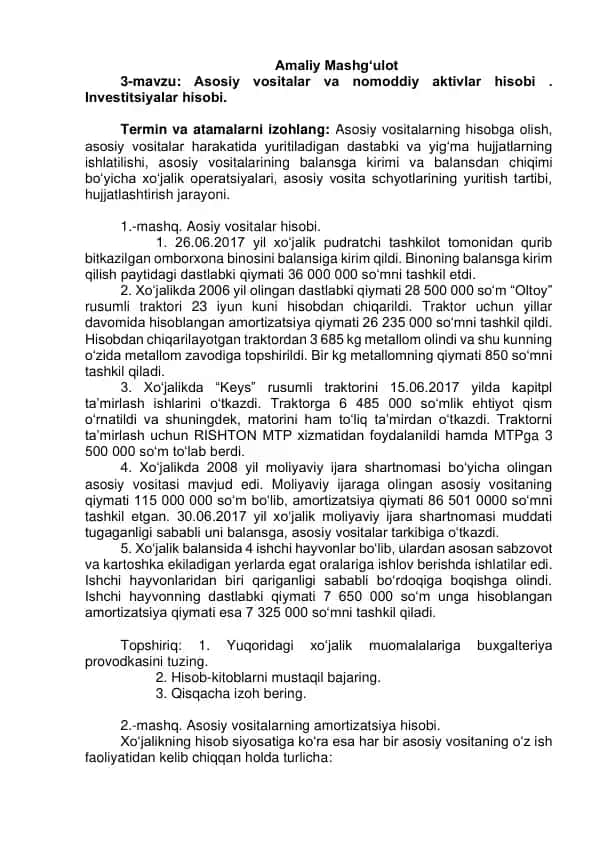Asosiy Vositalar va Nomoddii Aktivlar Hisobi