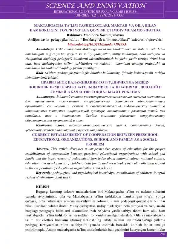 Maktabgacha ta’lim tashkilotlari, maktab va oila bilan hamkorligini to’g’ri yo’lga qo’yish ijtiomiy muammo sifatida