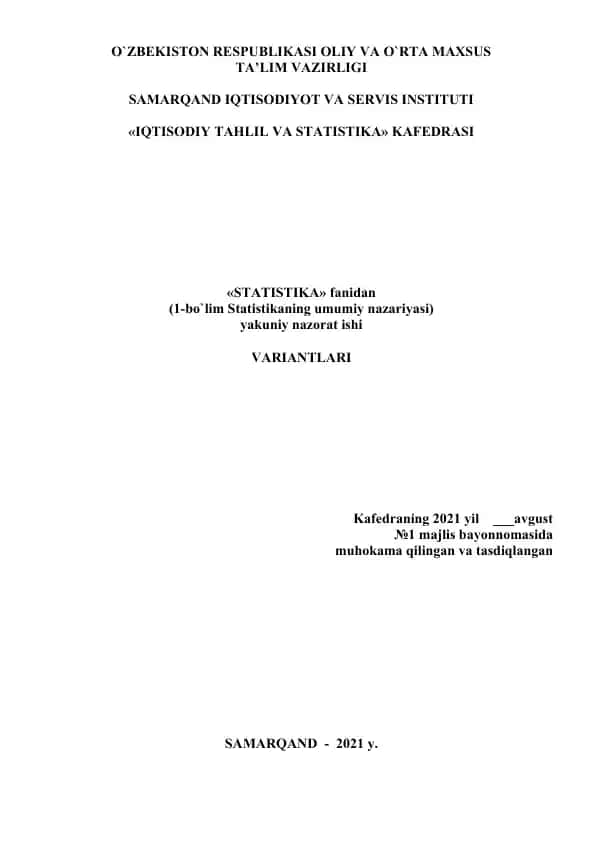 Statistika fanidan nazorat ishi