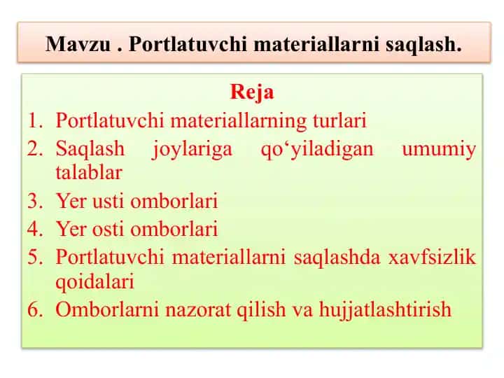 Portlatuvchi materiallarni saqlash
