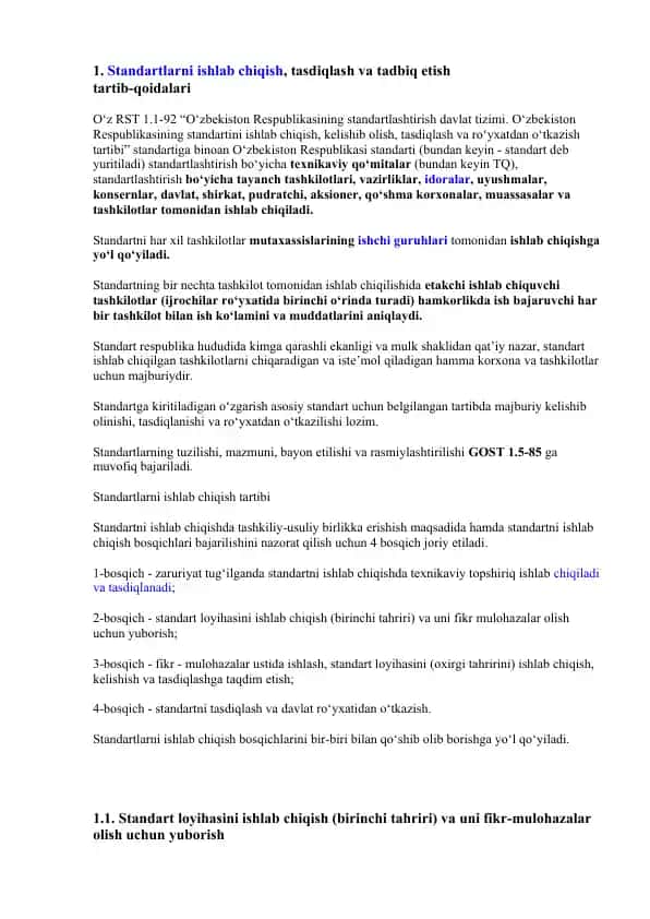 Standartlarni ishlab chiqish, tasdiqlash va tadbiq etish