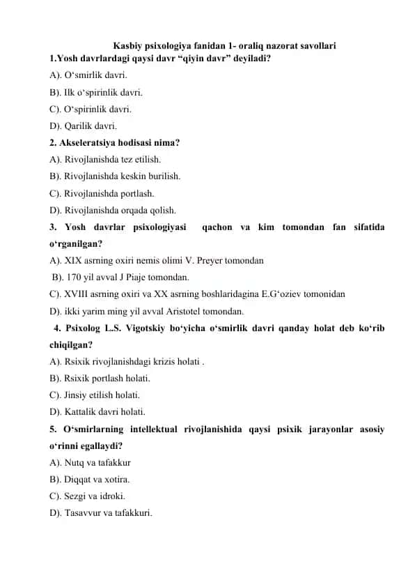 Kasbiy psixologiya fanidan 1- oraliq nazorat savollari