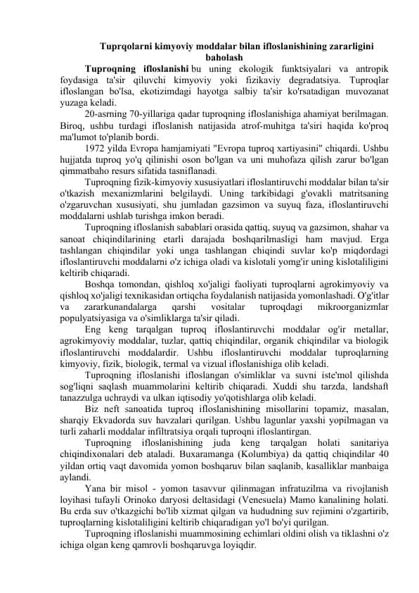 Tuproq ifloslanishi va uning zararlari