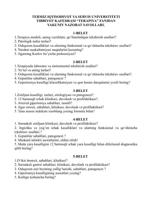 Yakuniy nazorat savollari tibbiyot