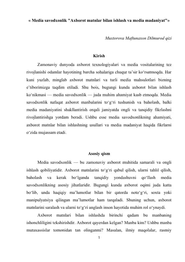 Media savodxonlik "Axborot matnlar bilan ishlash va media madaniyat"