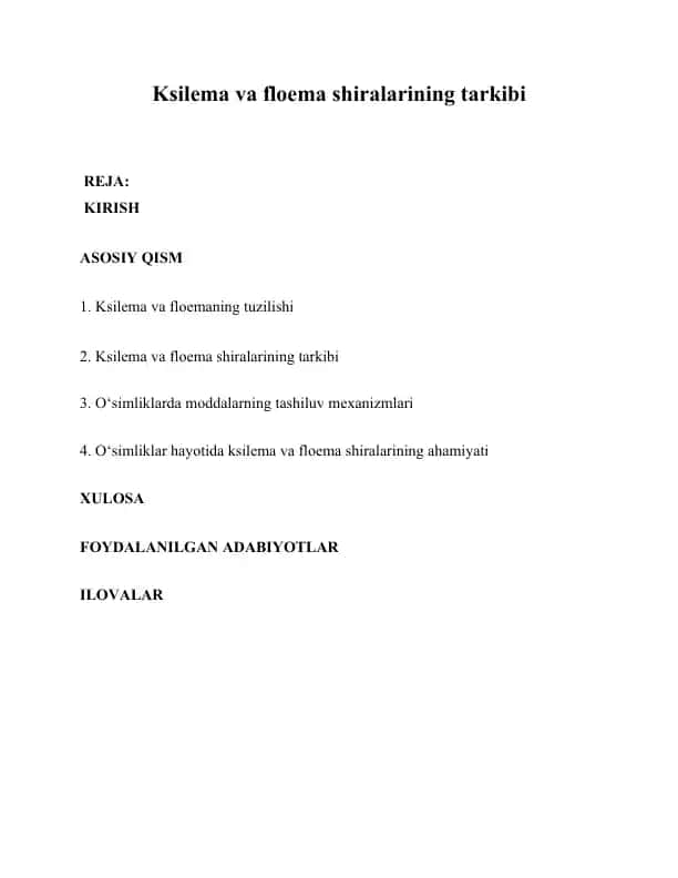 Ksilema va floema shiralarining tarkibi