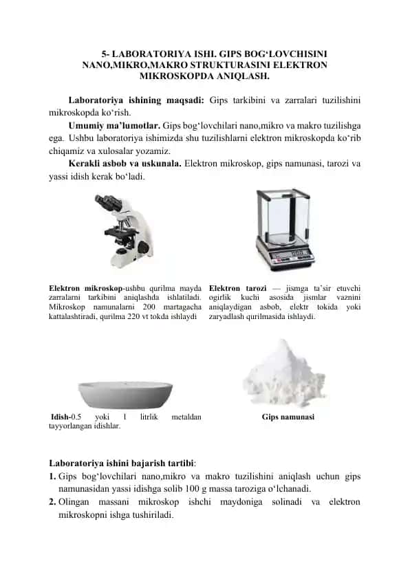 Laboratoriya Ishi: Gips Bog‘lovchisini Nano, Mikro, Makro Strukturasini Elektron Mikroskopda Aniqlash