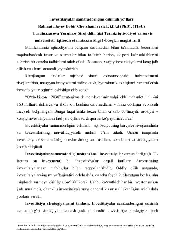 Investitsiyalar samaradorligini oshirish yo‘llari