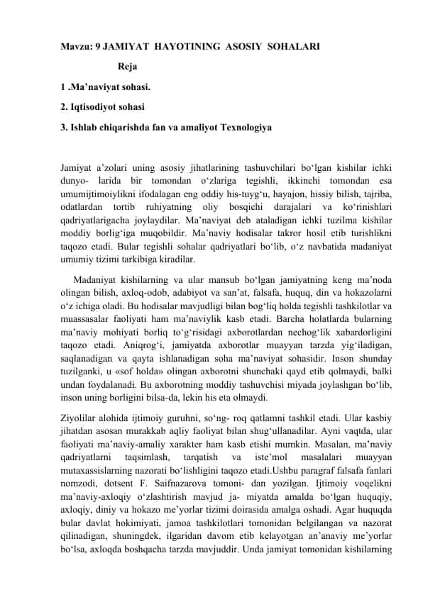 JAMIYAT HAYOTINING ASOSIY SOHALARI
