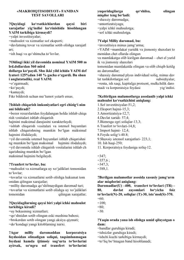 MAKROIQTISODIYOT fanidan test savollari