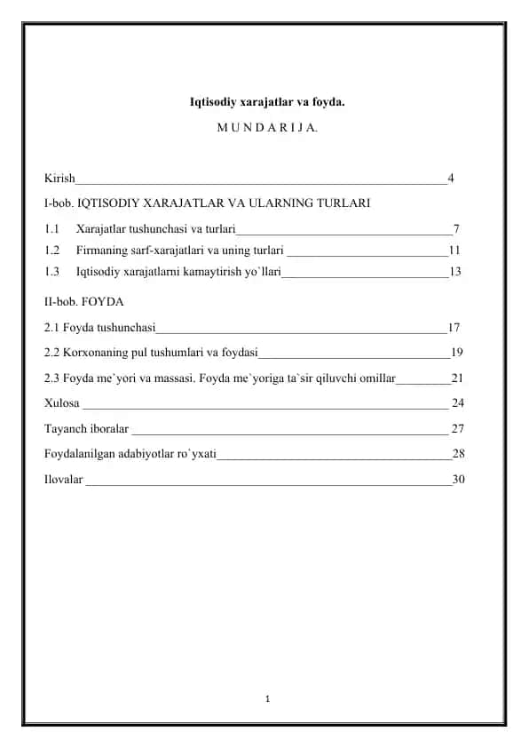 IQTISODIY XARAJATLAR VA FOYDA