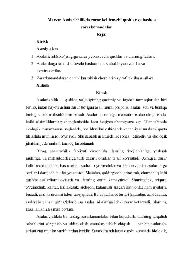 Asalarichilikda zarar keltiruvchi qushlar va boshqa zararkunandalar